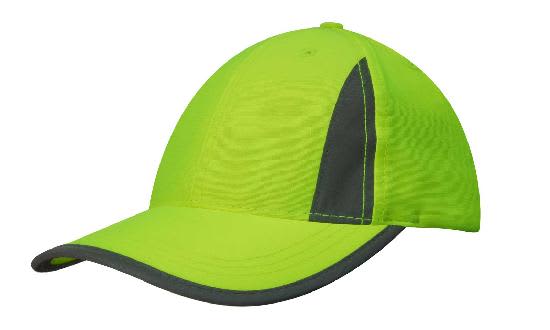 A bright lime green cap with a dark grey reflective trim and inserts. It features a logo on the side.