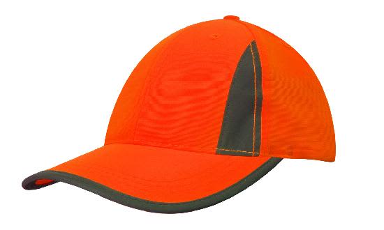 An orange cap featuring reflective inserts and trim, with a dark green peak and side accent. Includes a logo.