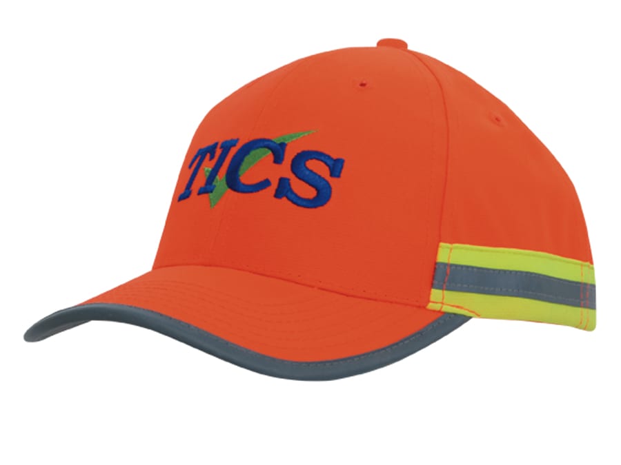 An orange cap featuring reflective tape and a logo on the front, with a grey brim and detailing.