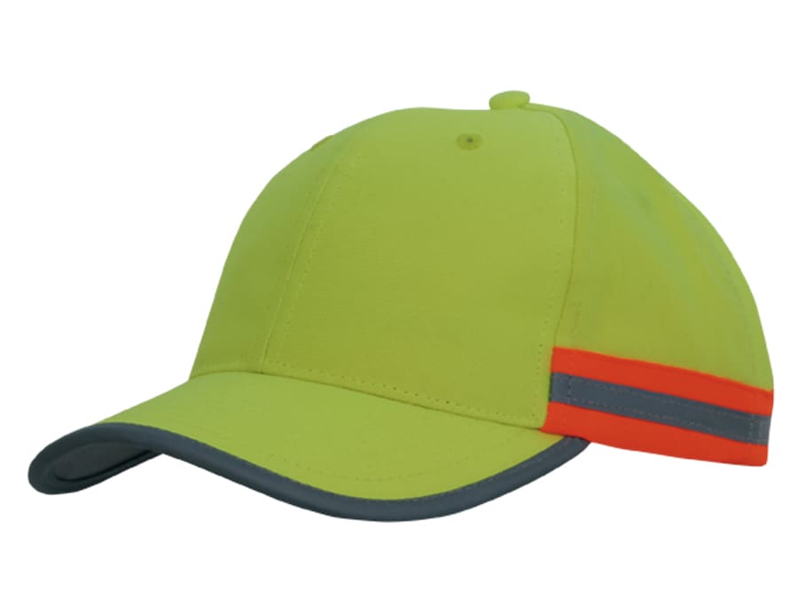 A bright yellow cap featuring reflective tape in orange and grey. Includes a curved brim and has a logo present.
