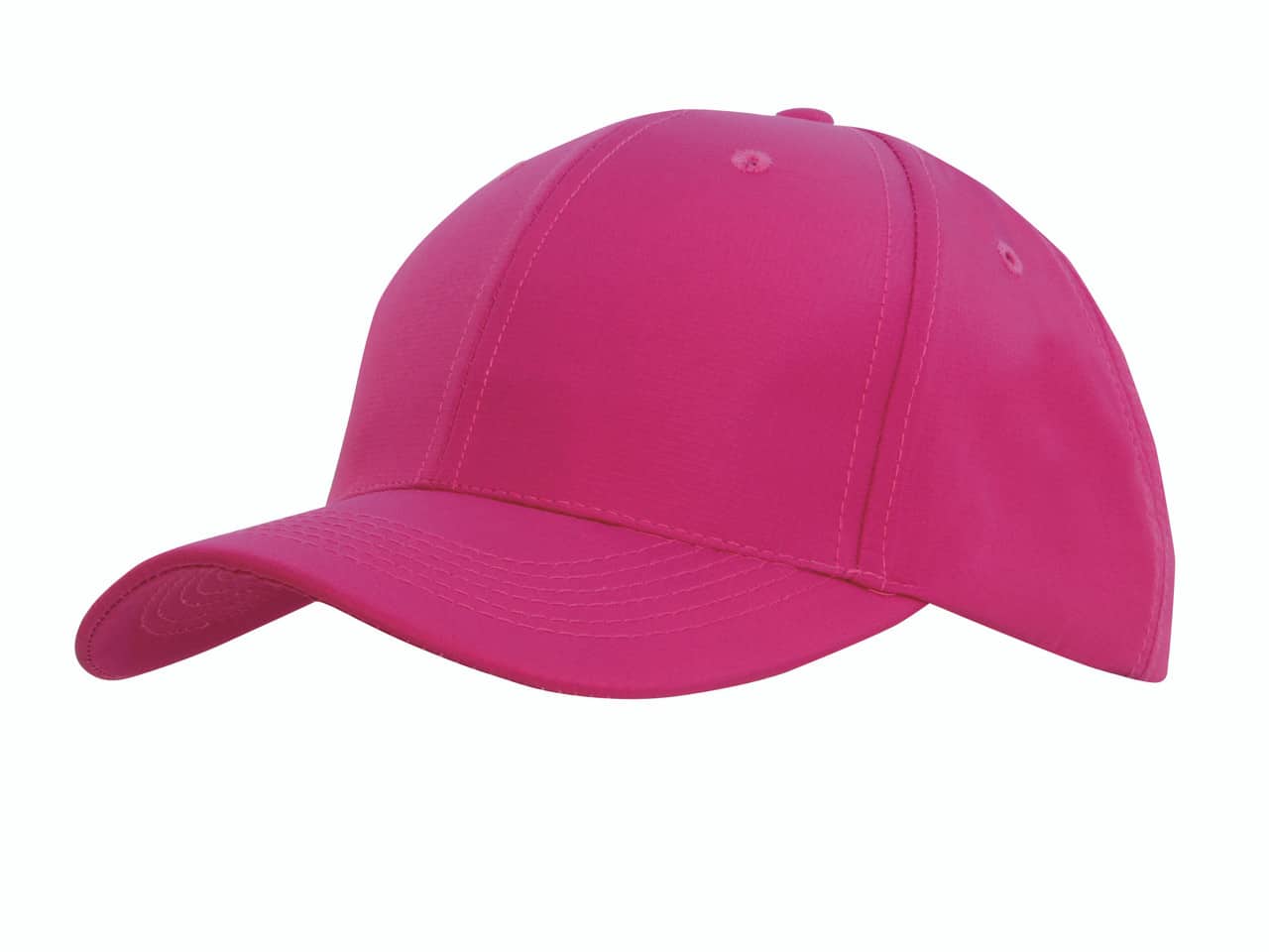 Bright pink structured baseball cap with curved brim and six-panel design, angled front view on a white background.