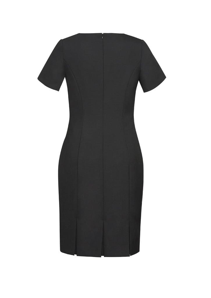 A black short sleeve shift dress with a fitted design and back zip closure. It features a split at the hem.