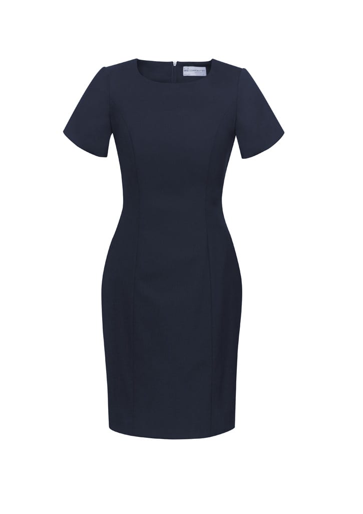 A dark navy short sleeve shift dress with a fitted silhouette and a zip back closure.
