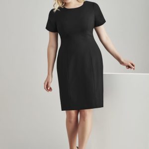 A black short sleeve shift dress with a fitted silhouette and a simple design, featuring a round neckline.