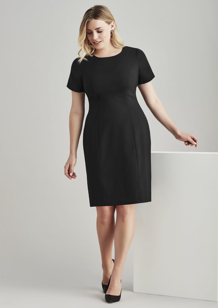 A black short sleeve shift dress with a fitted silhouette and a simple design, featuring a round neckline.