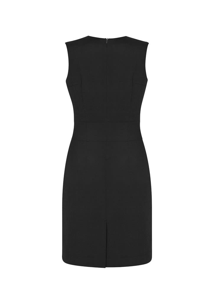 A black sleeveless dress featuring a V-neck design and a back zipper. The dress has a fitted silhouette and a slit at the back.