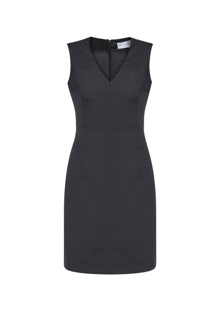 A sleeveless, V-neck dress in dark grey with a fitted silhouette and a zip fastening at the back.