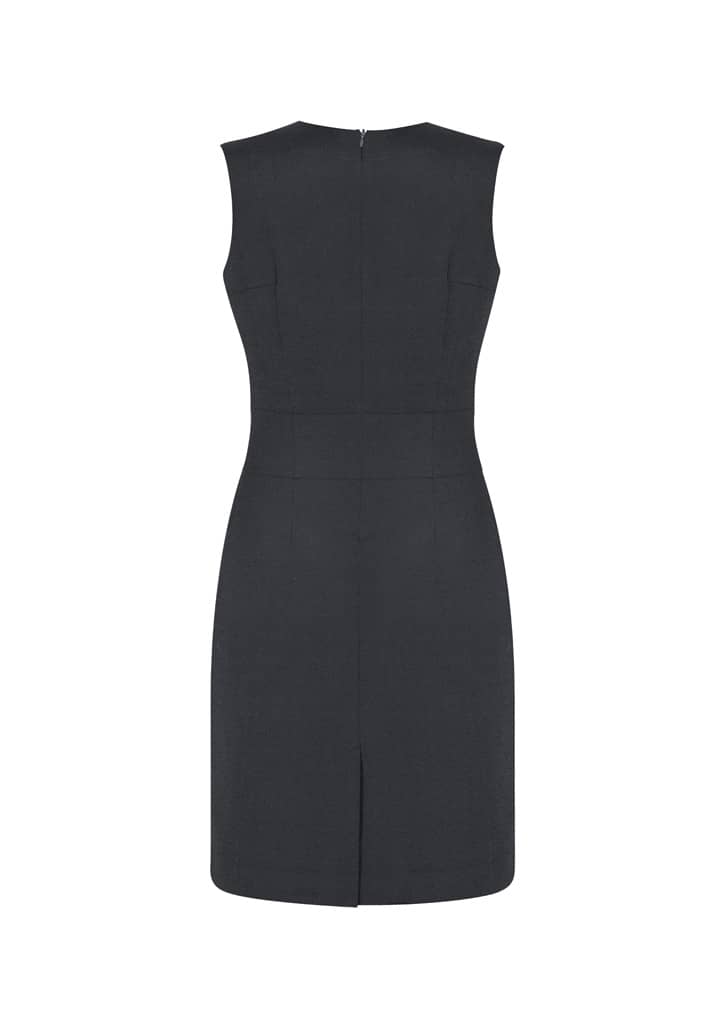 A sleeveless, V-neck dress in dark green with a fitted silhouette and a back zipper.