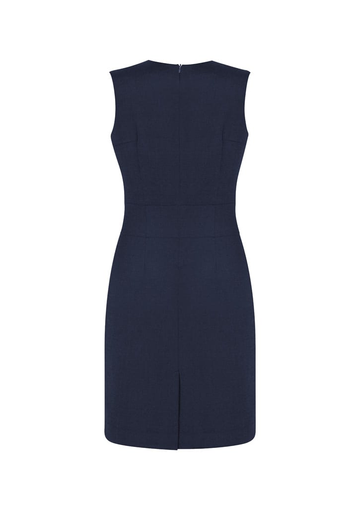 A navy sleeveless V-neck dress featuring a fitted silhouette and a back zip closure.