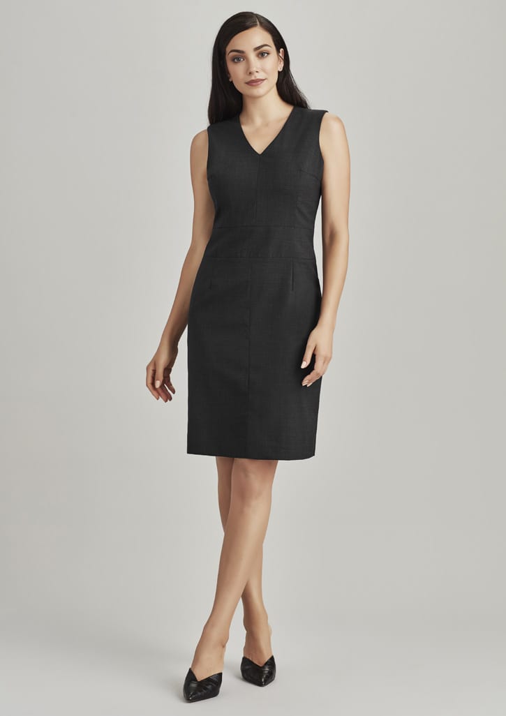 A sleeveless v-neck dress in dark grey wool blend, featuring a fitted silhouette and side pockets.