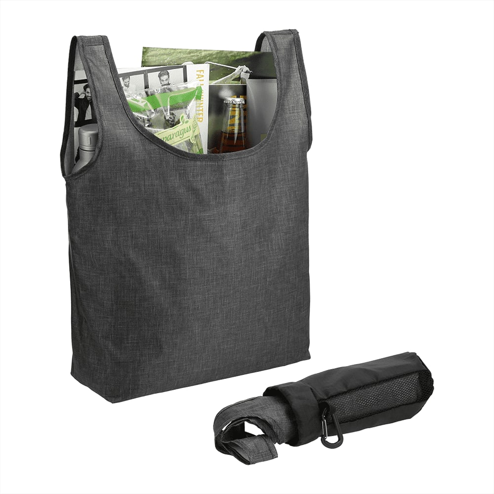 A grey reusable grocery tote with magazines and a drink bottle inside, accompanied by a compact foldable pouch.