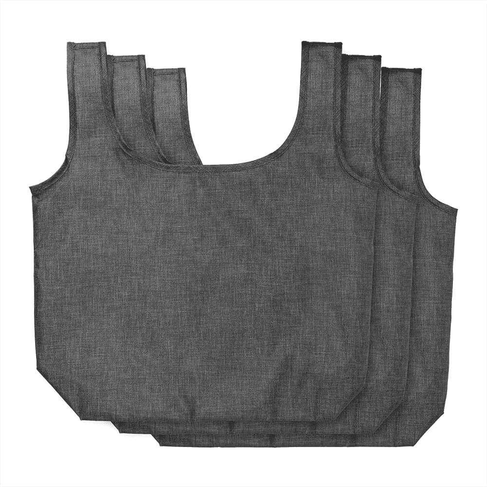 Three grey reusable shopper tote bags with a simple design and handles. Each bag has a logo.