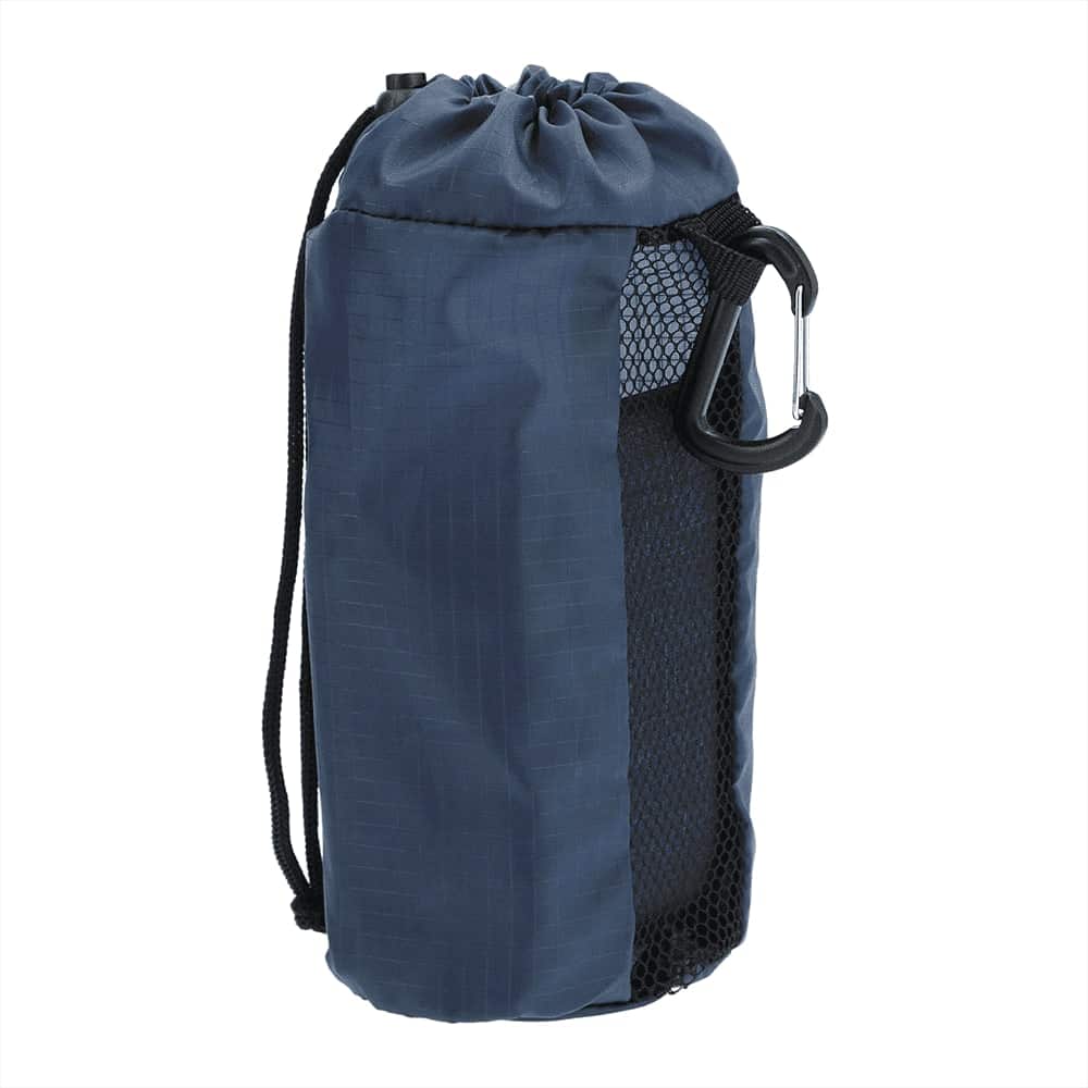 A navy reusable tote bag with a drawstring closure and a mesh side pocket, featuring a carabiner clip.