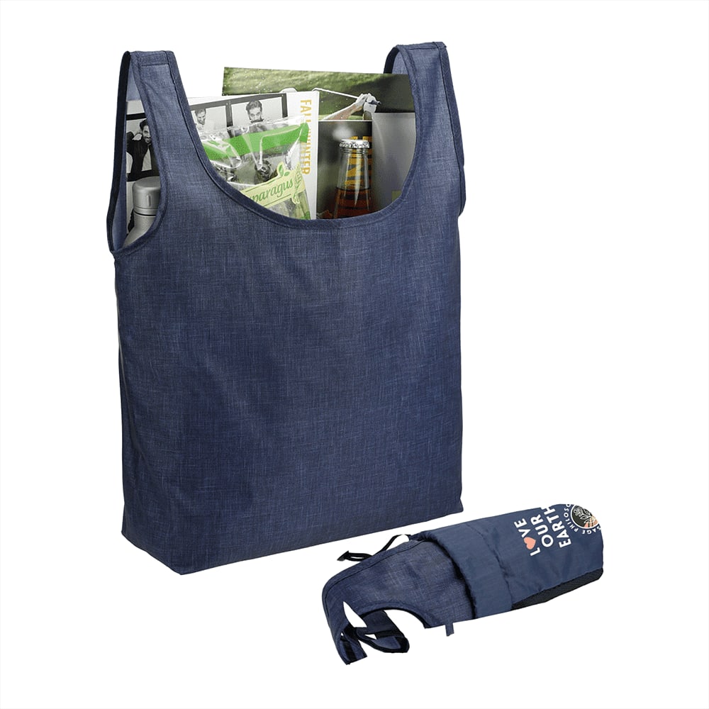 A navy blue reusable grocery bag with contents, folded into a compact shape for storage. Features a logo.
