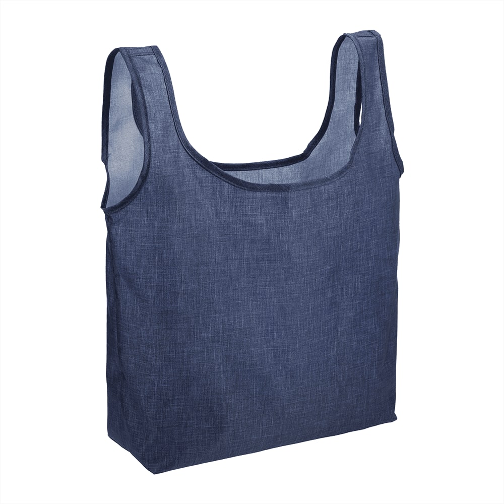 A navy blue reusable grocery tote bag made from recycled materials, featuring a simple design and a logo.