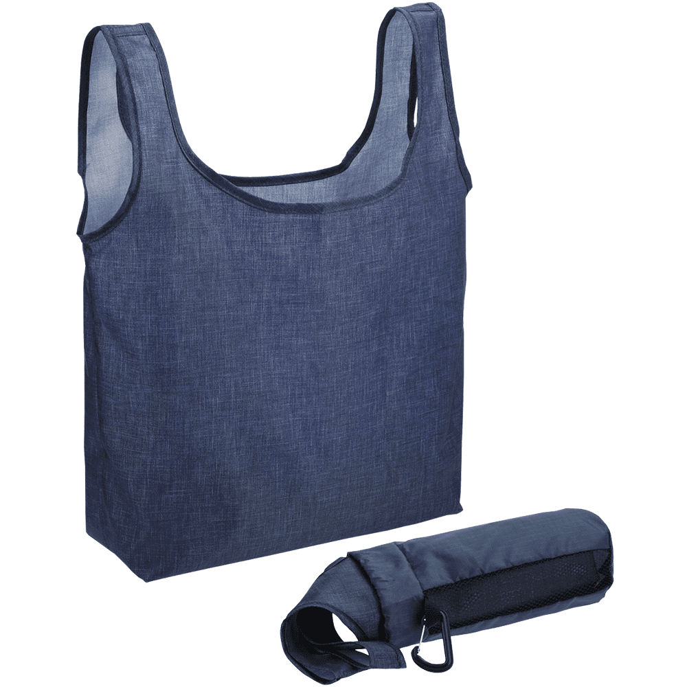 Navy blue reusable grocery bag with a foldable design, accompanied by a compact carrying pouch. Features a logo.