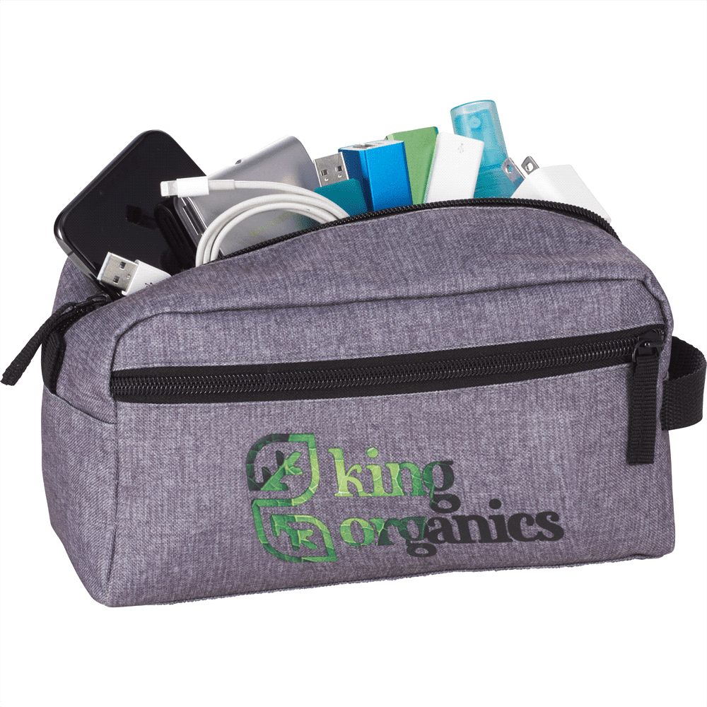 A grey toiletry pouch filled with various electronic cables, chargers, and a smartphone, featuring a logo.