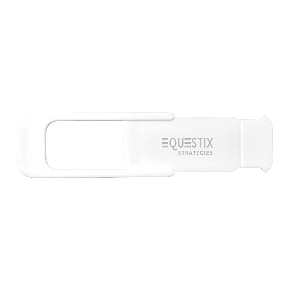 A white camera blocker with a slot for camera coverage and a logo printed on it.