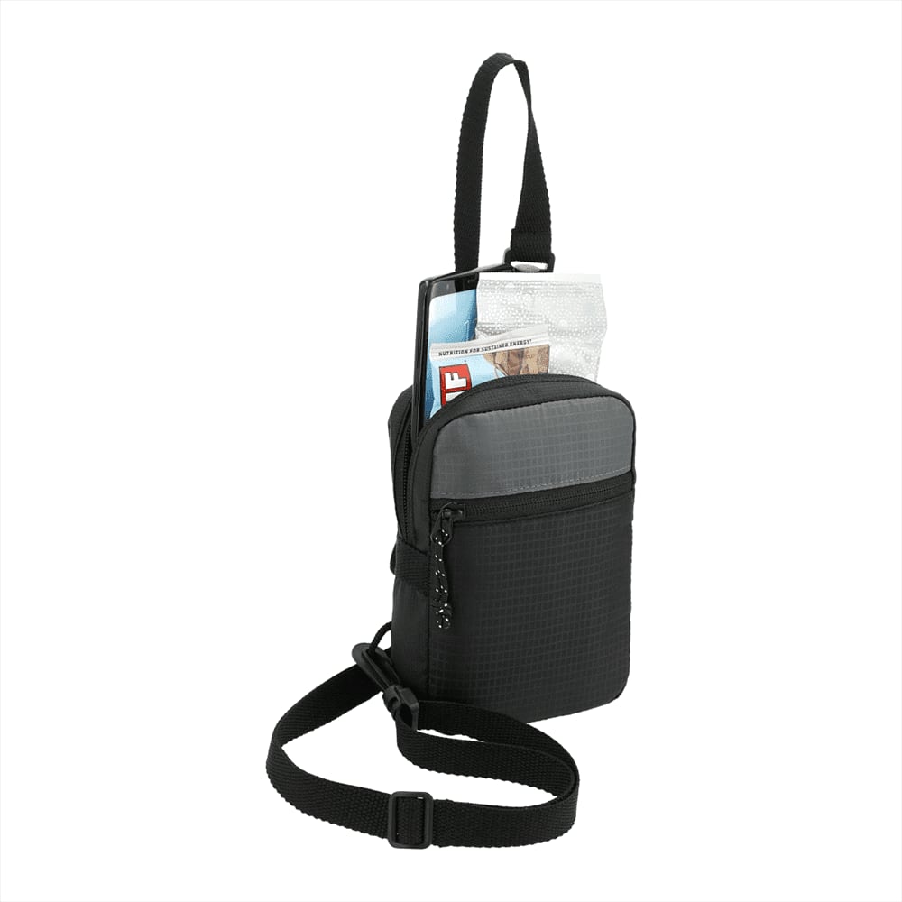 A black and grey recycled crossbody pouch with a zipper pocket and adjustable strap, featuring a logo.