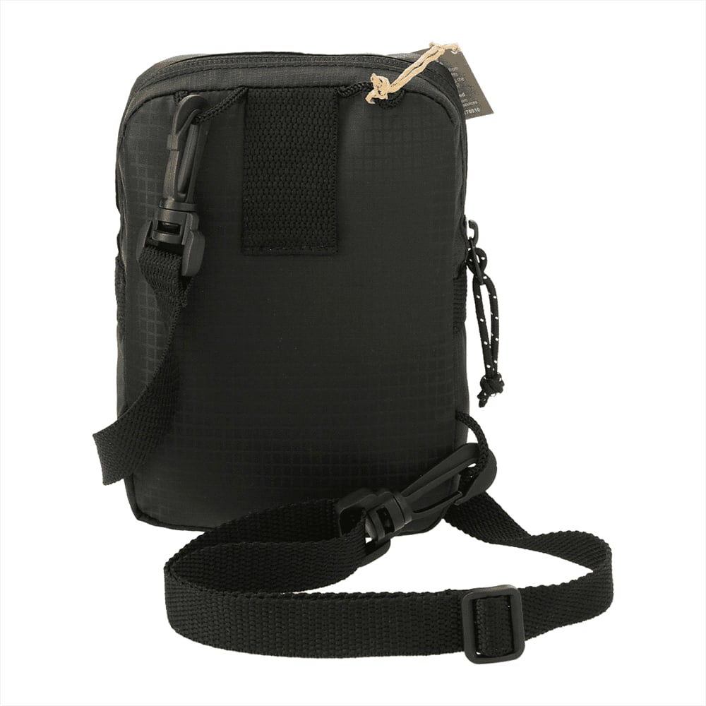 A compact black crossbody pouch with a detachable strap and a logo, featuring a textured design.
