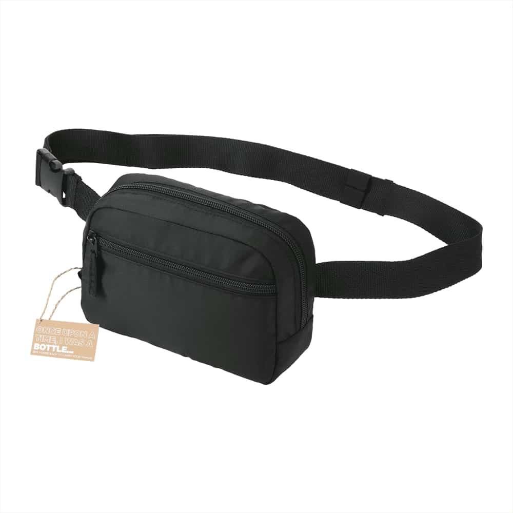 A black bum bag with a rainbow-striped adjustable strap, featuring a zippered main compartment and a front pocket.