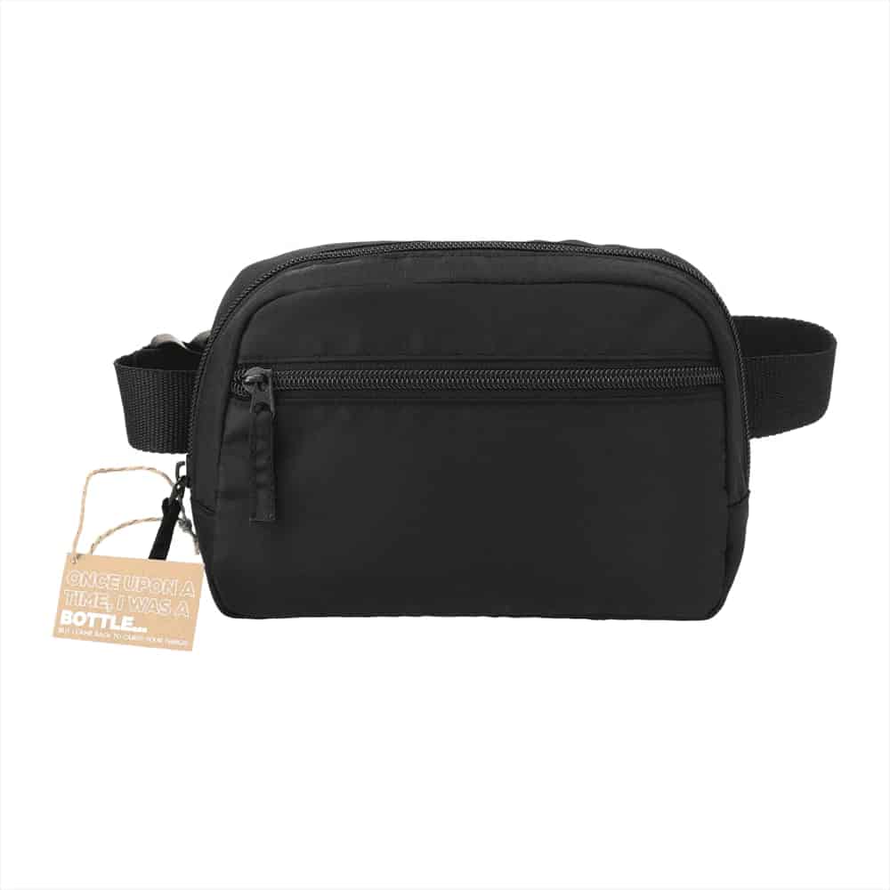 A black fanny pack with a rainbow-coloured adjustable strap and a front zip pocket. It also features a logo.