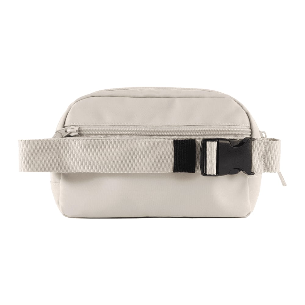 A black recycled sport fanny pack with a zippered compartment and an adjustable strap, featuring a logo.