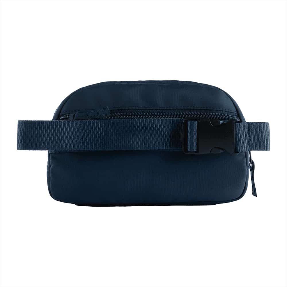 A beige recycled sport fanny pack featuring a front zipper and an adjustable strap. It has a logo on display.