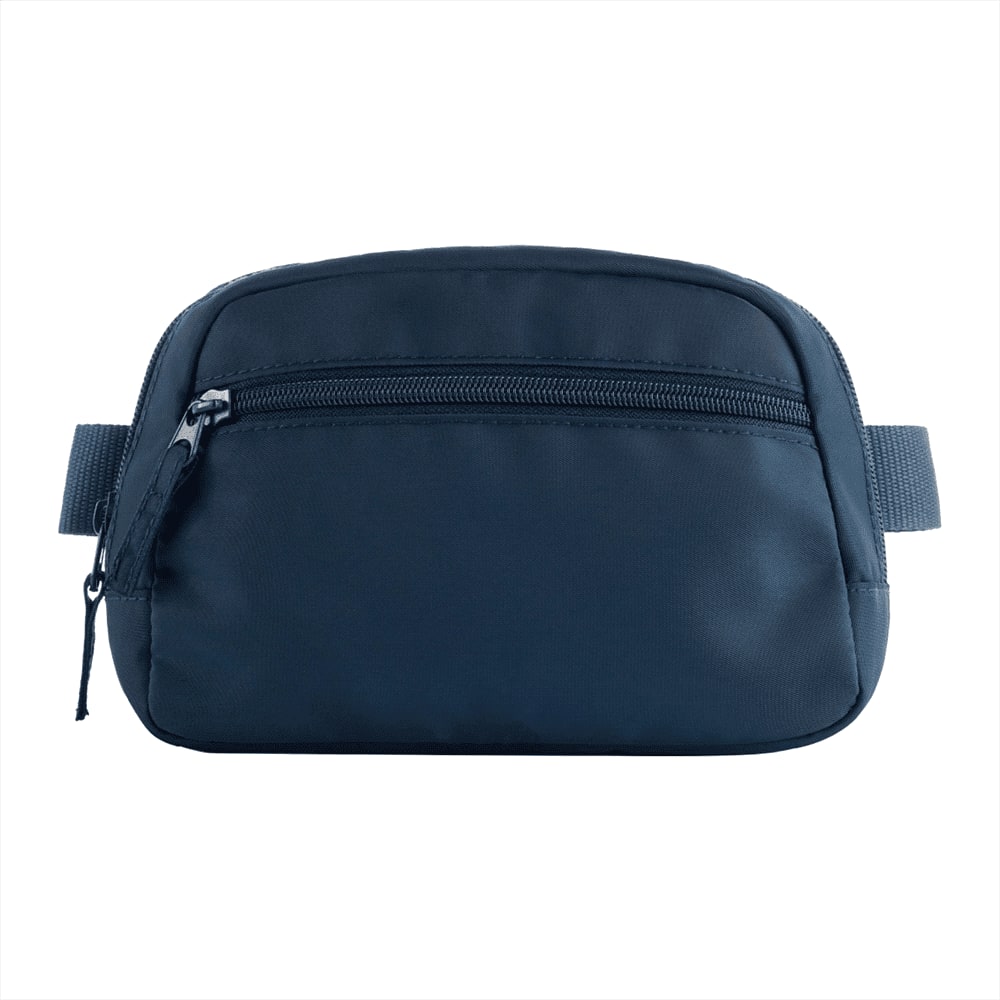 A light grey recycled sport fanny pack with a front zip pocket and a strap. It also has a logo.