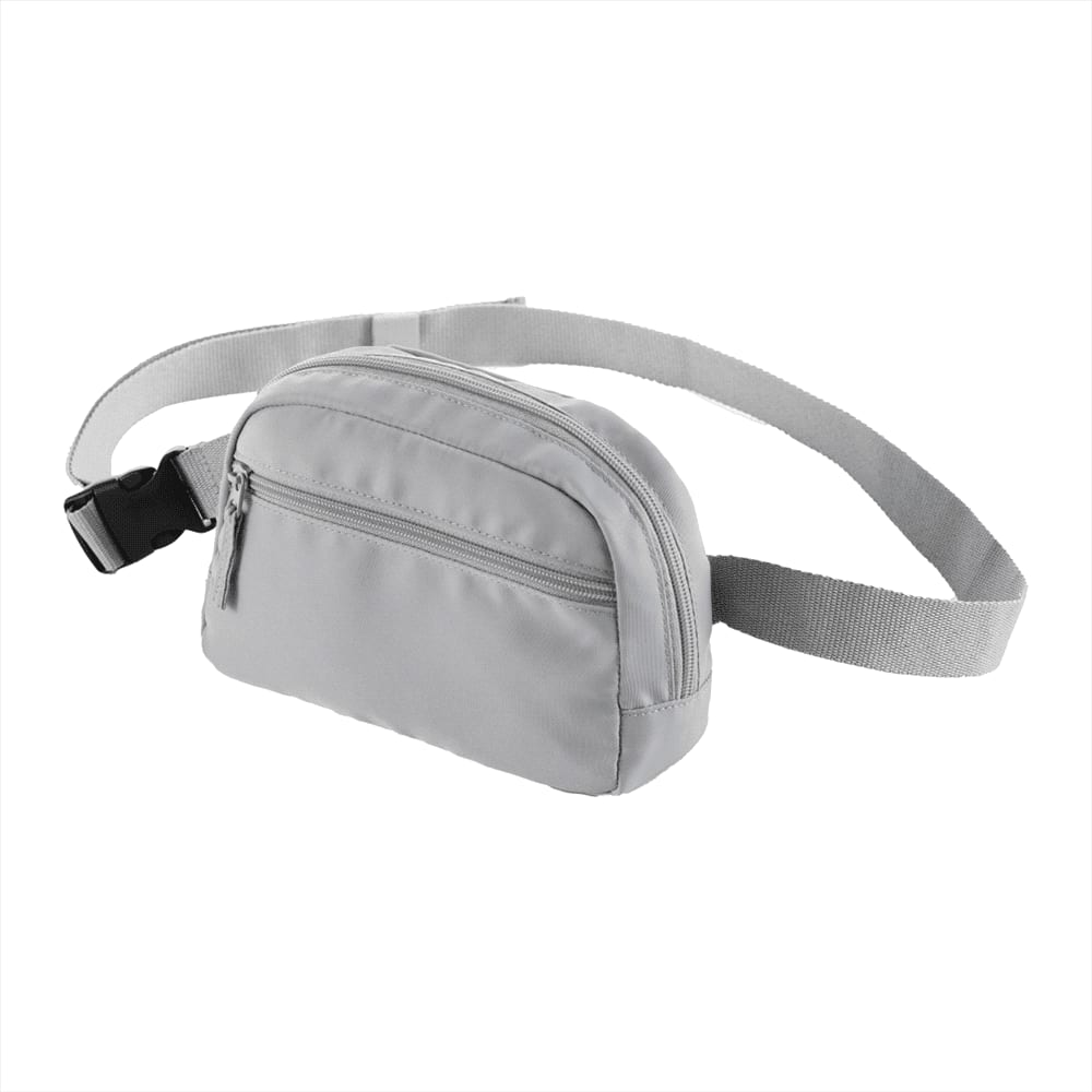 A navy blue recycled sport fanny pack with a buckle strap and a zippered compartment. It features a logo.