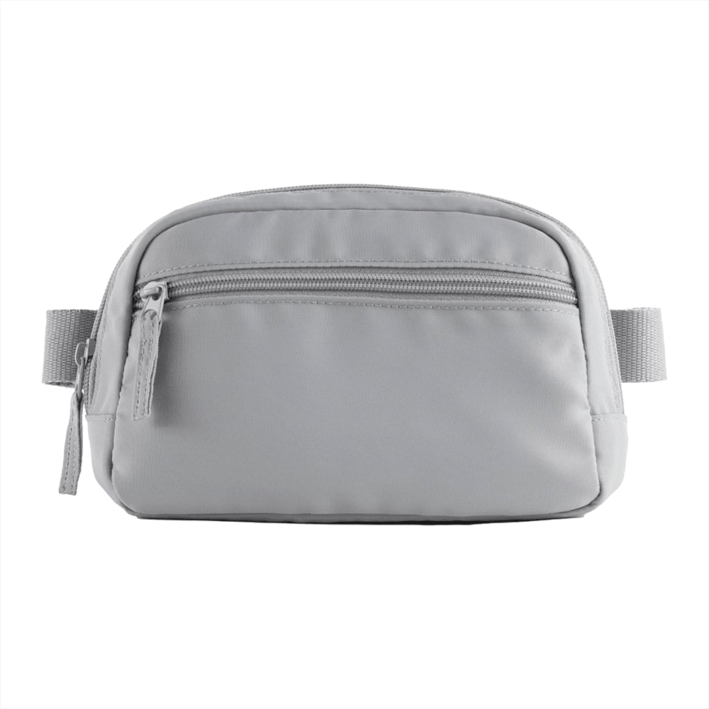 A light grey fanny pack with a front zip pocket and a logo featuring 