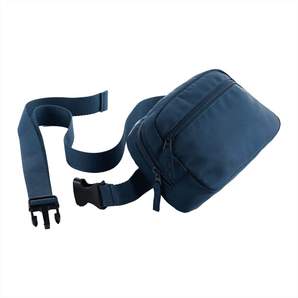 A cream fanny pack with a zipper compartment and an adjustable strap sits on a white background. It features a logo.