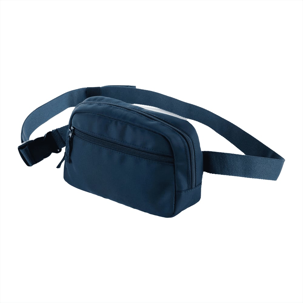 A beige recycled sport fanny pack with an adjustable strap and a front zip pocket, featuring a logo.