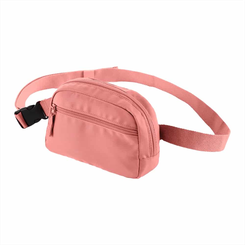 A grey recycled sport fanny pack with a zippered compartment and an adjustable strap featuring a buckle.