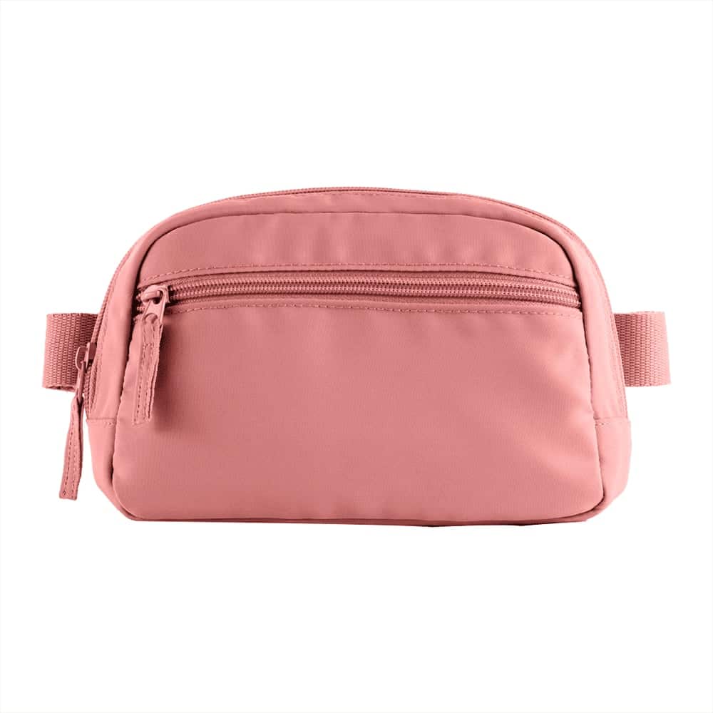 A navy blue fanny pack with a zippered compartment and an adjustable strap. It features a logo.