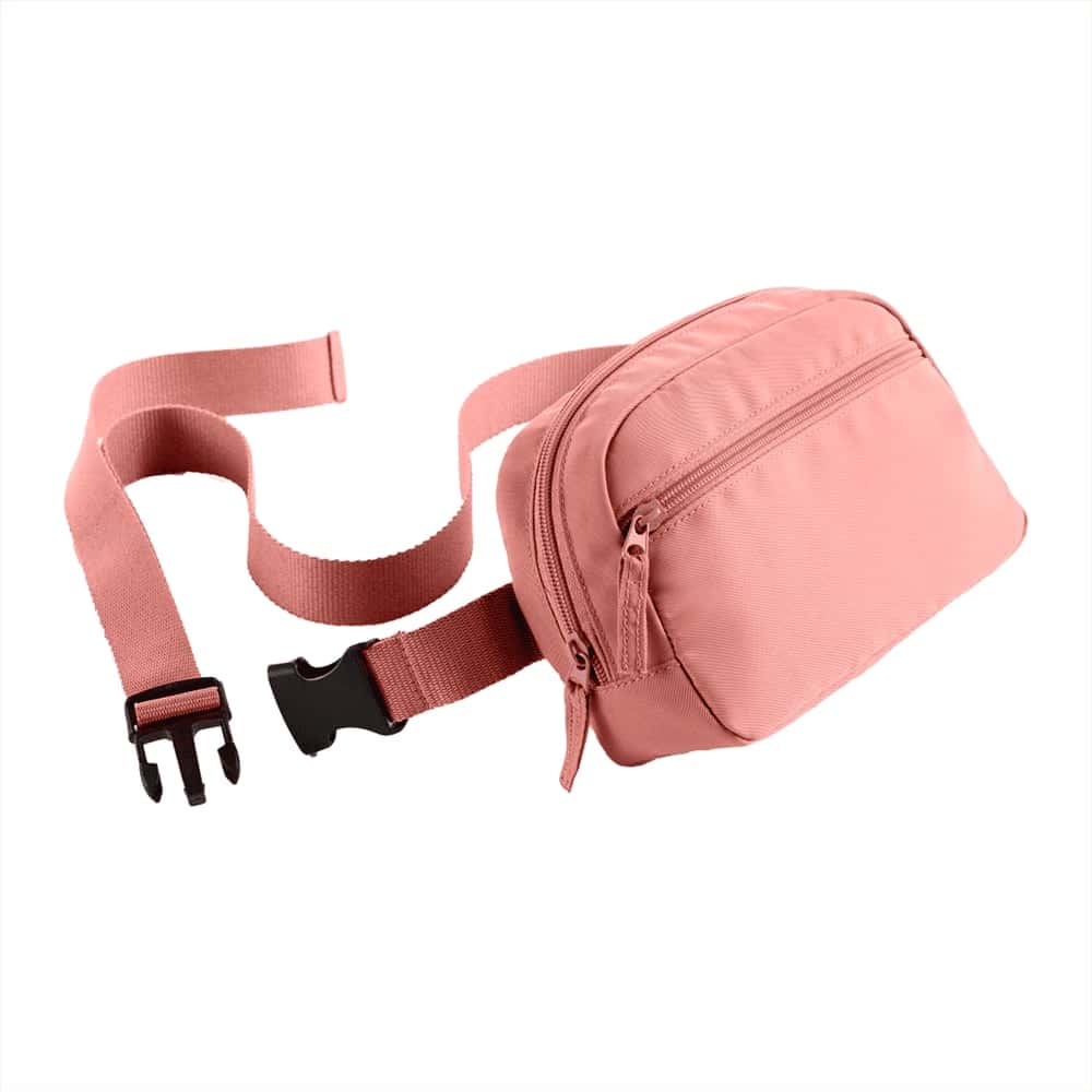 A grey recycled sport fanny pack with a zippered front pocket and an adjustable strap. It features a logo.
