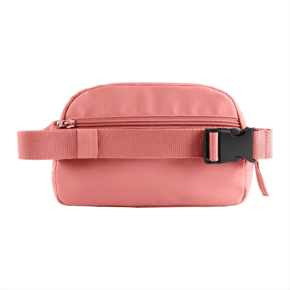 A grey recycled sport fanny pack with a front zip pocket and adjustable strap. It features a logo.