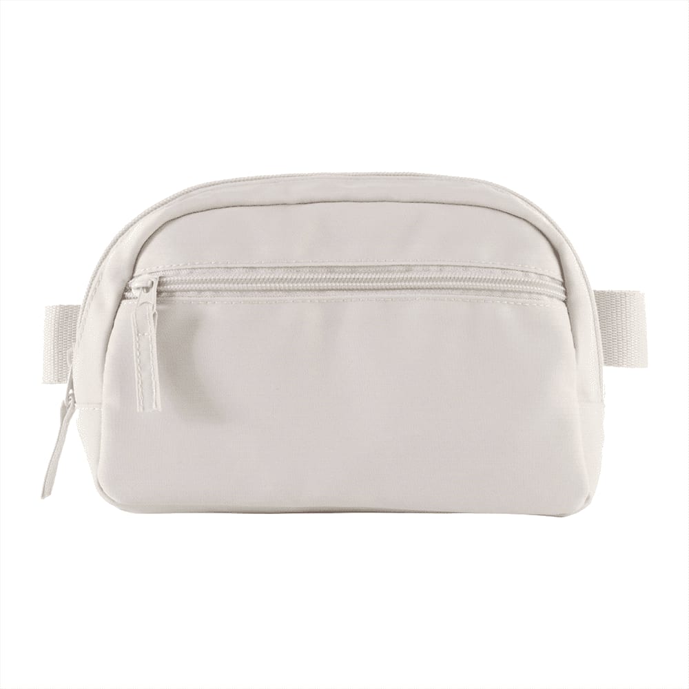 A black recycled sport fanny pack with a front zip pocket and an adjustable strap. It features a tag.