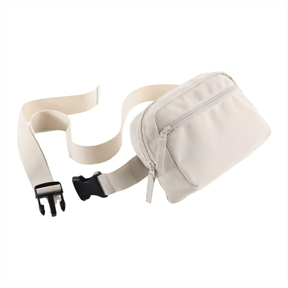 A black recycled sport fanny pack with a zippered compartment, holding a drink bottle, phone, and other items.
