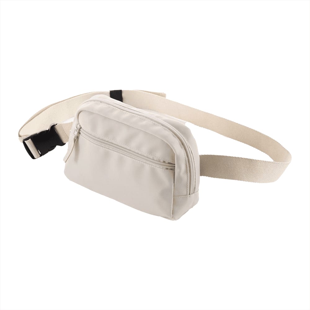 A black recycled sport fanny pack with a front zippered pocket and an adjustable strap, featuring a logo.