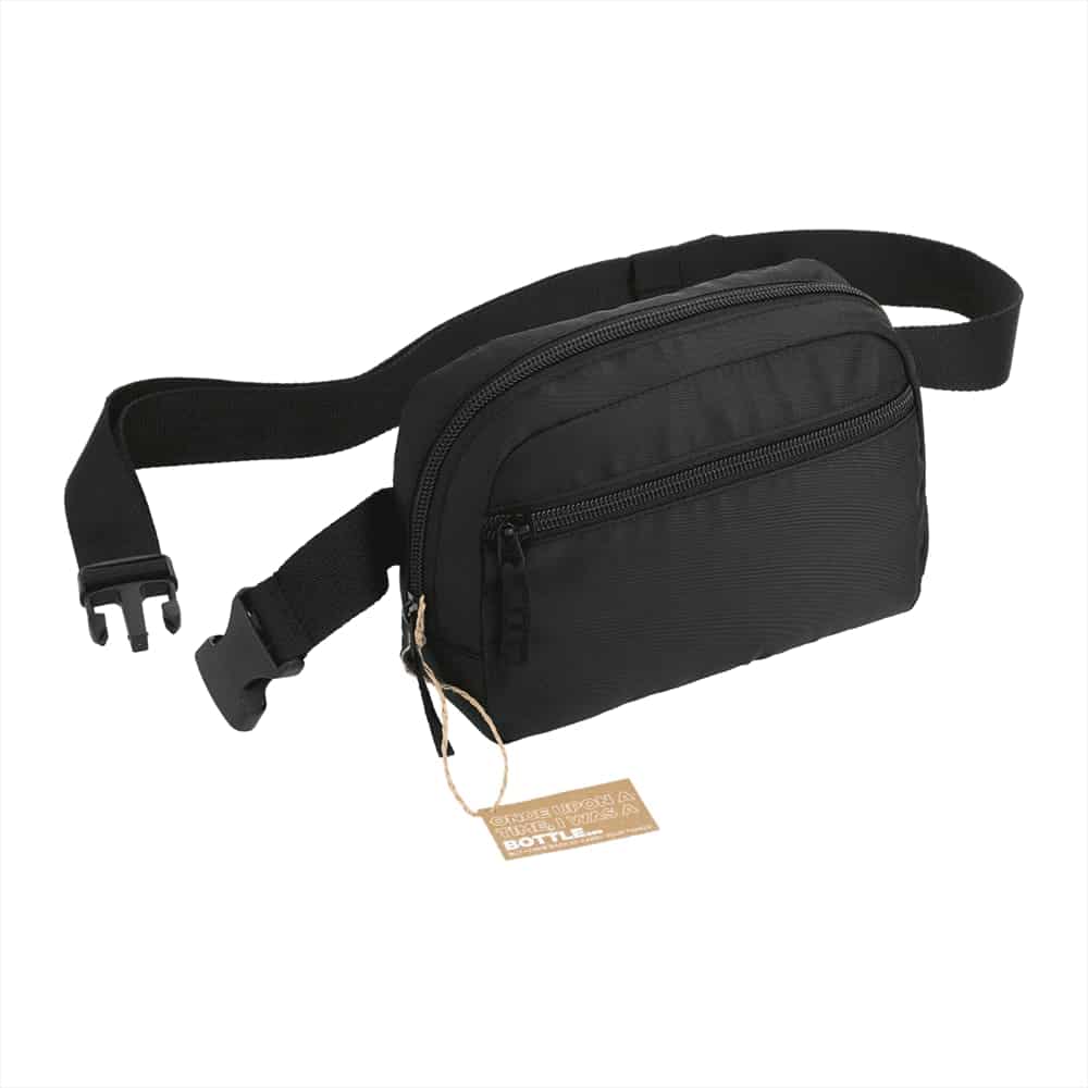 A black fanny pack with a rainbow-striped adjustable strap and a zippered front pocket. It features a logo.