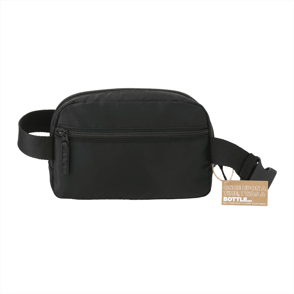 A black fanny pack with a rainbow-striped strap, featuring a logo on the front.