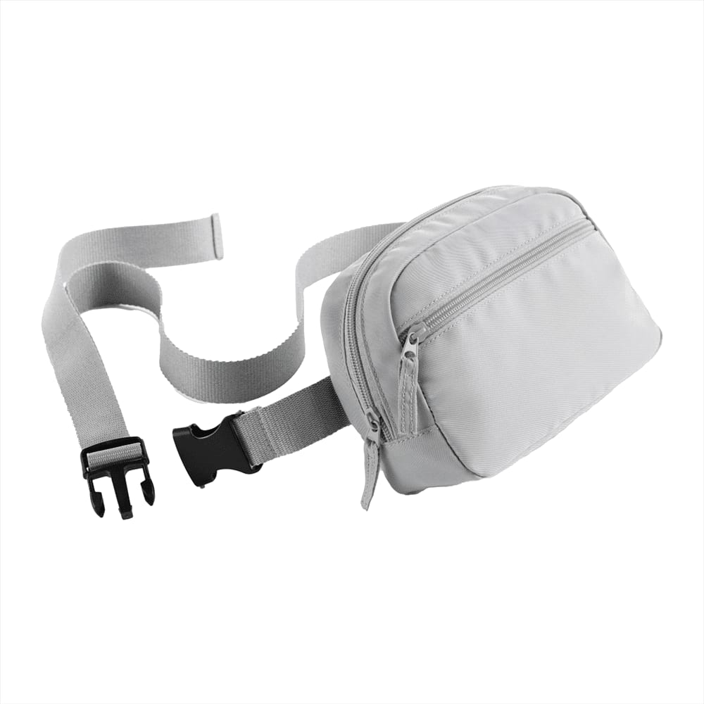 A navy blue fanny pack with a front zip pocket and adjustable strap. It includes a logo on the side.