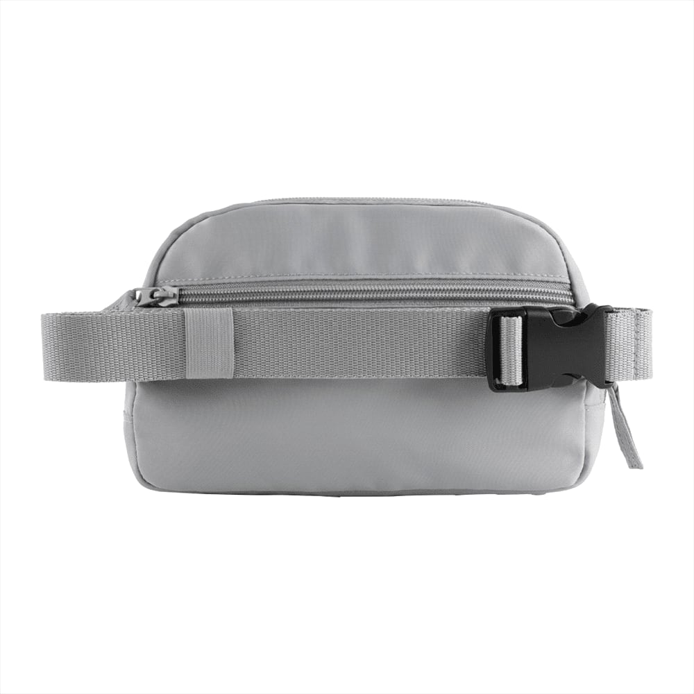 A navy blue recycled sport fanny pack with a zippered front pocket and an adjustable strap. It features a logo.