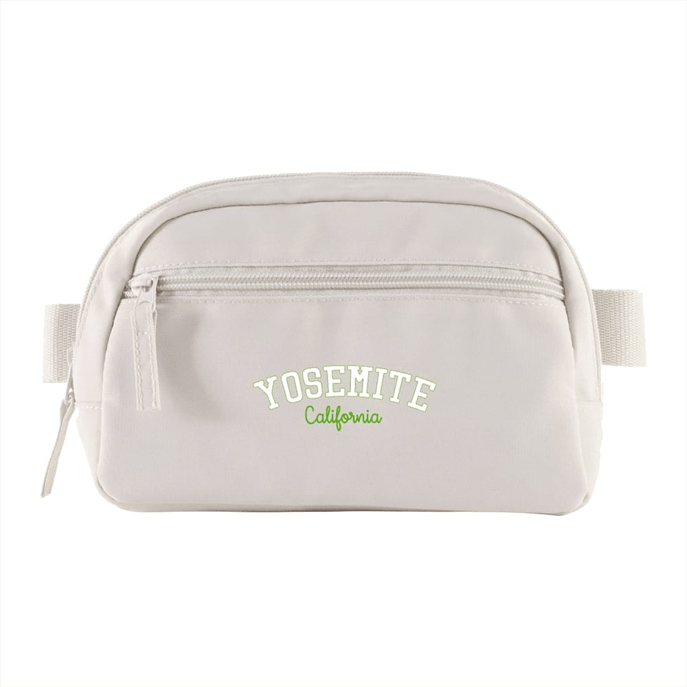 A black fanny pack featuring a front zip pocket and a logo, made from recycled materials.