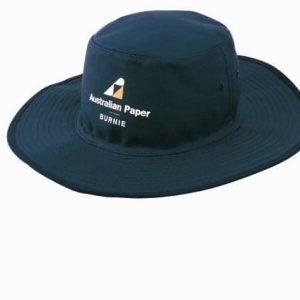 A navy canvas hat with a wide brim and a logo on the front. Suitable for various outdoor activities.