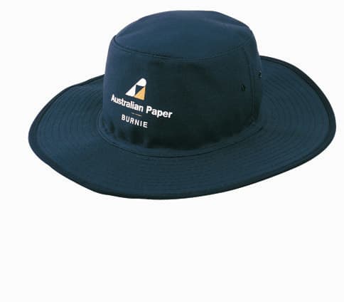 A navy canvas hat with a wide brim and a logo on the front. Suitable for various outdoor activities.