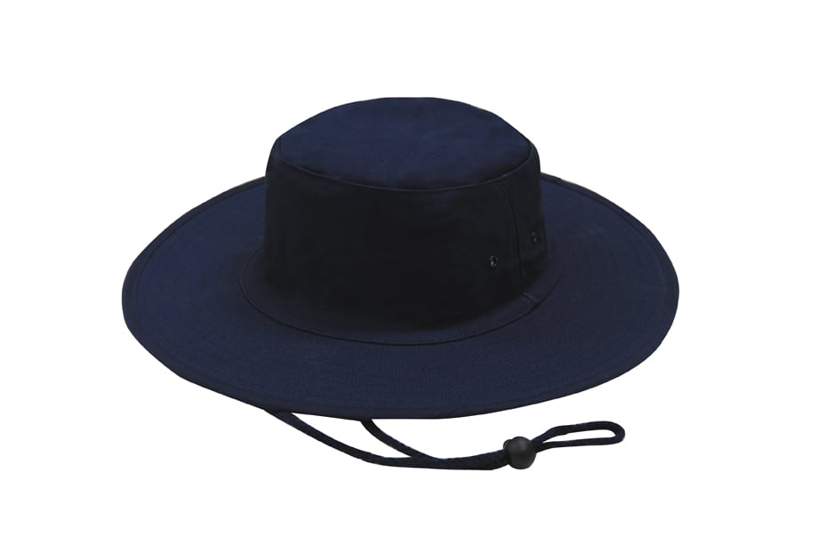 A navy canvas hat with a wide brim and a drawstring, featuring a logo on the side.