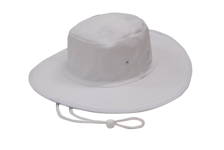 A white canvas hat with a wide brim and adjustable chin strap, featuring eyelets for ventilation.