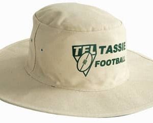 A beige canvas hat featuring a logo and text related to Tassie Football.